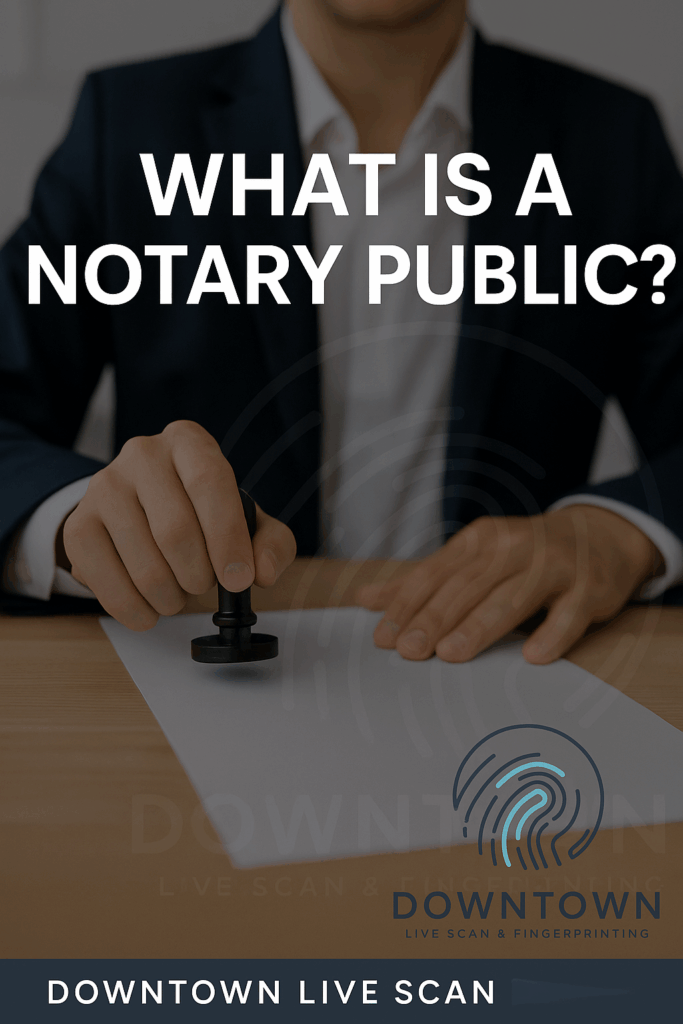 Notary stamping a document with the words “What is a Notary Public?” and Downtown Live Scan branding watermarked in the background.