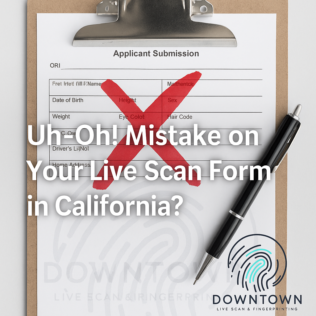 Clipboard with a Live Scan form showing a red X error mark, pen on the side, and text overlay reading “Uh-Oh! Mistake on Your Live Scan Form in California?” with Downtown Live Scan logo watermark.