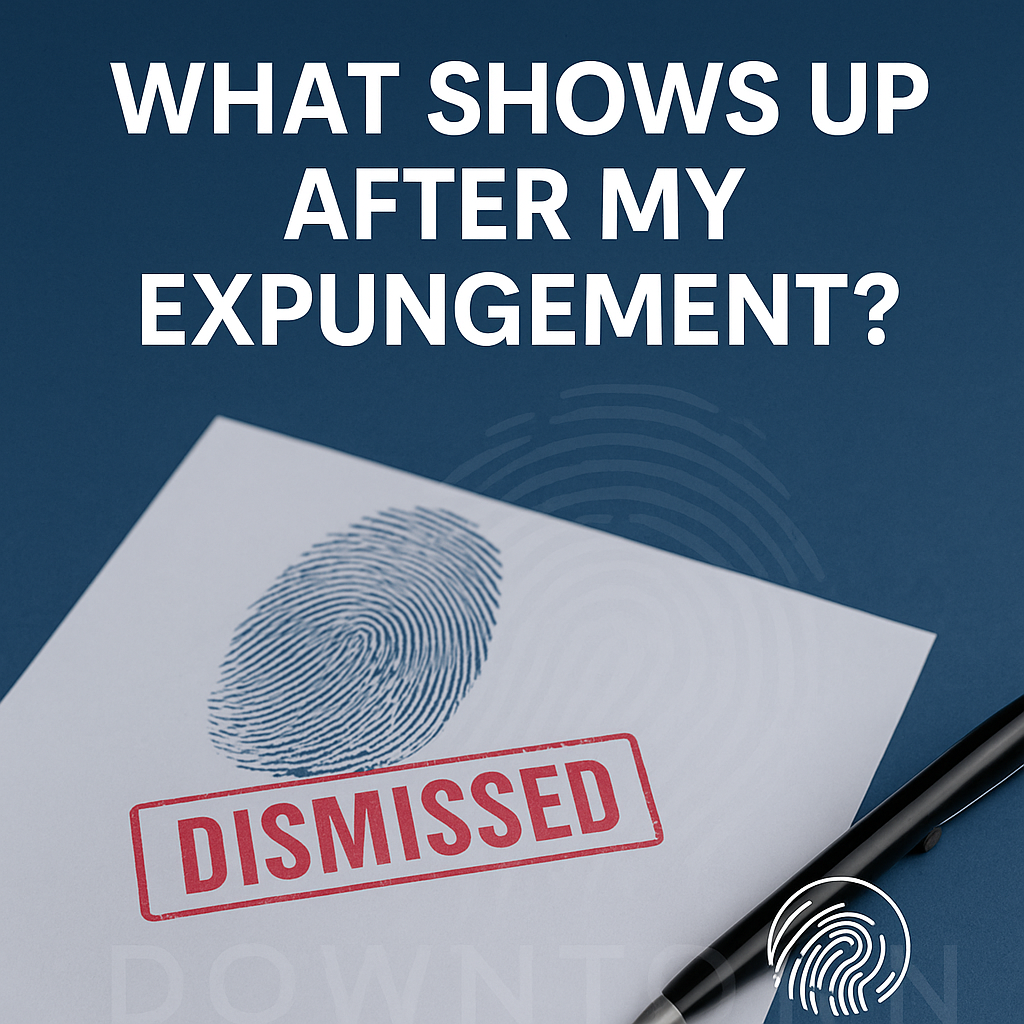 Document with a large “DISMISSED” stamp and fingerprint overlay, with the text “What Shows Up After My Expungement?” and Downtown Live Scan logo.