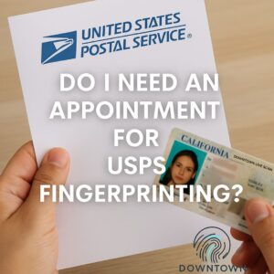 Person holding a USPS employment invitation letter and a government-issued ID card at a desk with a fingerprint scanner, overlay text “Do I Need an Appointment for USPS Fingerprinting?” with Downtown Live Scan logo watermark.