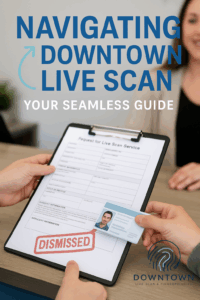 Customer handing a Live Scan request form and ID at a counter with the bold title text “Navigating Downtown Live Scan – Your Seamless Guide” and Downtown Live Scan logo watermark.