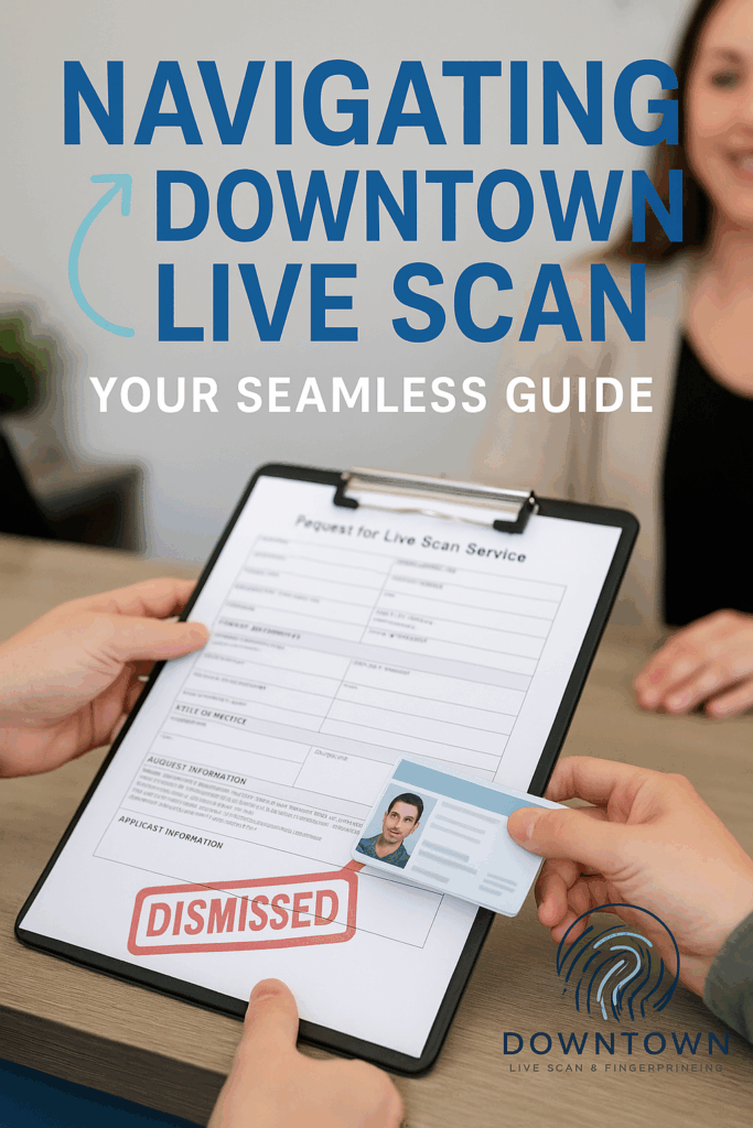 Customer handing a Live Scan request form and ID at a counter with the bold title text “Navigating Downtown Live Scan – Your Seamless Guide” and Downtown Live Scan logo watermark.