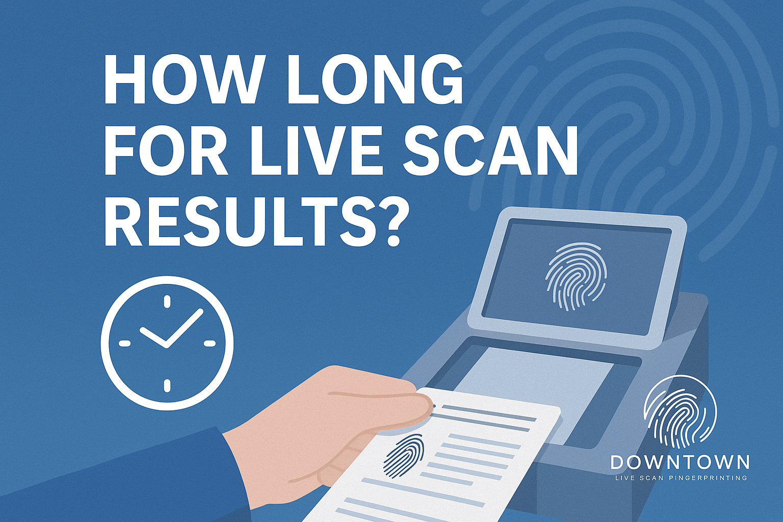 Fingerprint scanner glowing beside a clock with the text “How Long for Live Scan Results?” and Downtown Live Scan logo watermark.