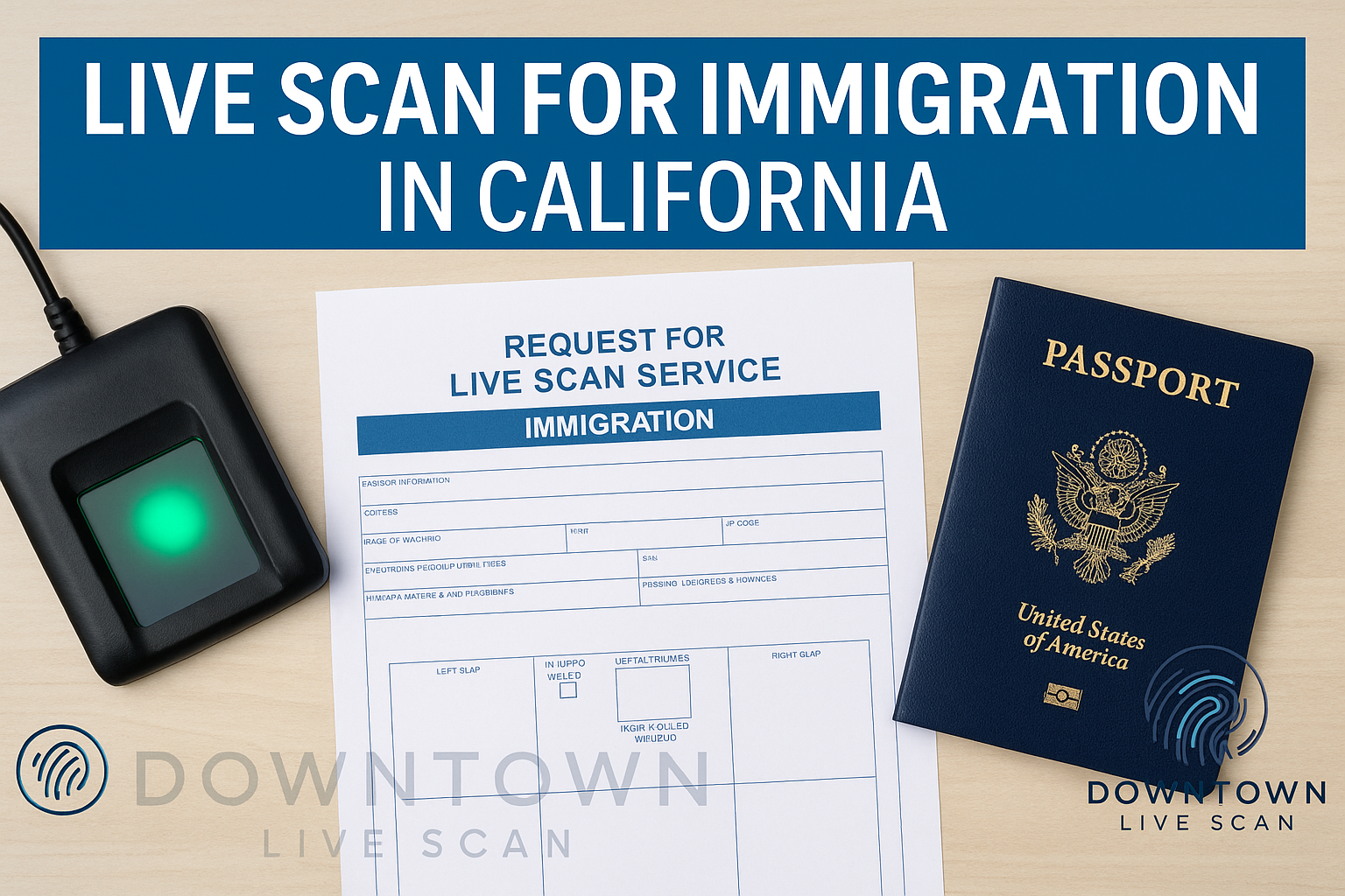 Passport, immigration form, and fingerprint scanner on a desk with the text “Live Scan for Immigration in California” and Downtown Live Scan logo watermark.