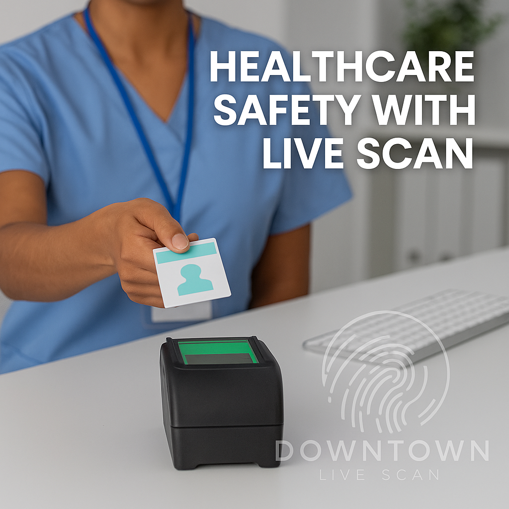 Healthcare worker in scrubs at a desk with a fingerprint scanner and ID card, overlay text “How Live Scan Fingerprinting Helps Keep Healthcare Workers Safe” and Downtown Live Scan logo watermark.
