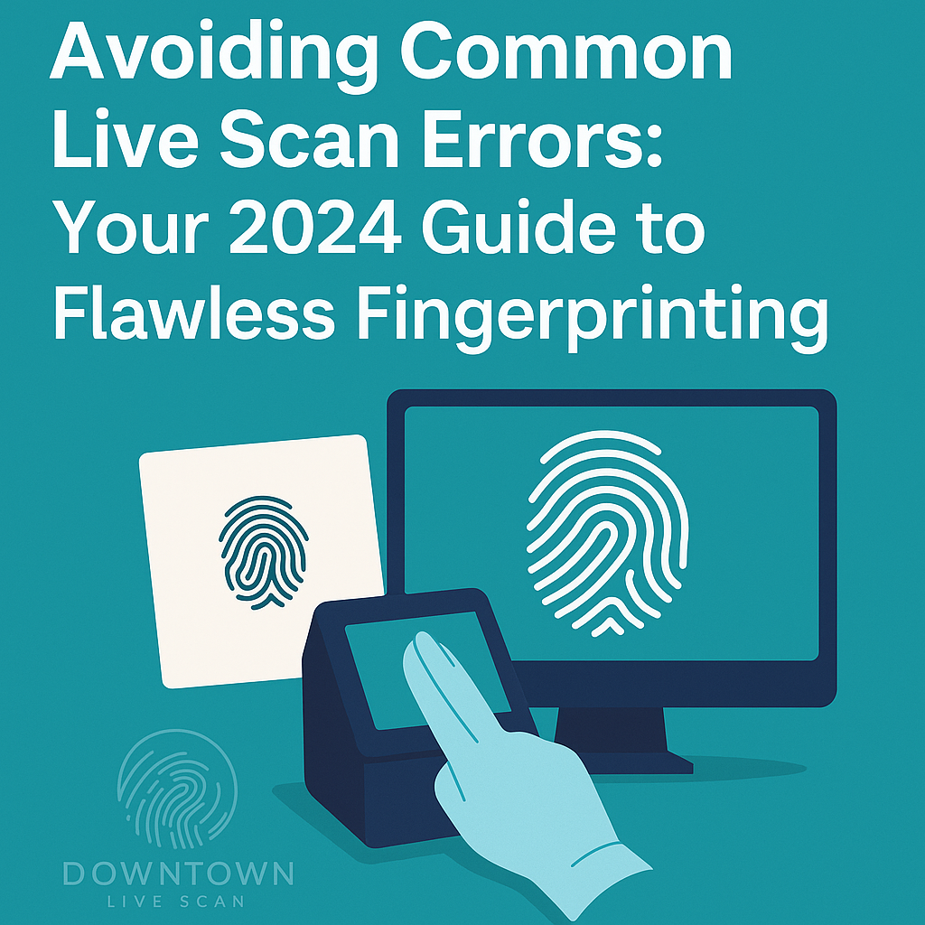Live Scan request form on a clipboard with red error marks and a fingerprint scanner, overlay text reading “Avoiding Common Live Scan Errors: Your 2025 Guide to Flawless Fingerprinting” with Downtown Live Scan logo watermark.