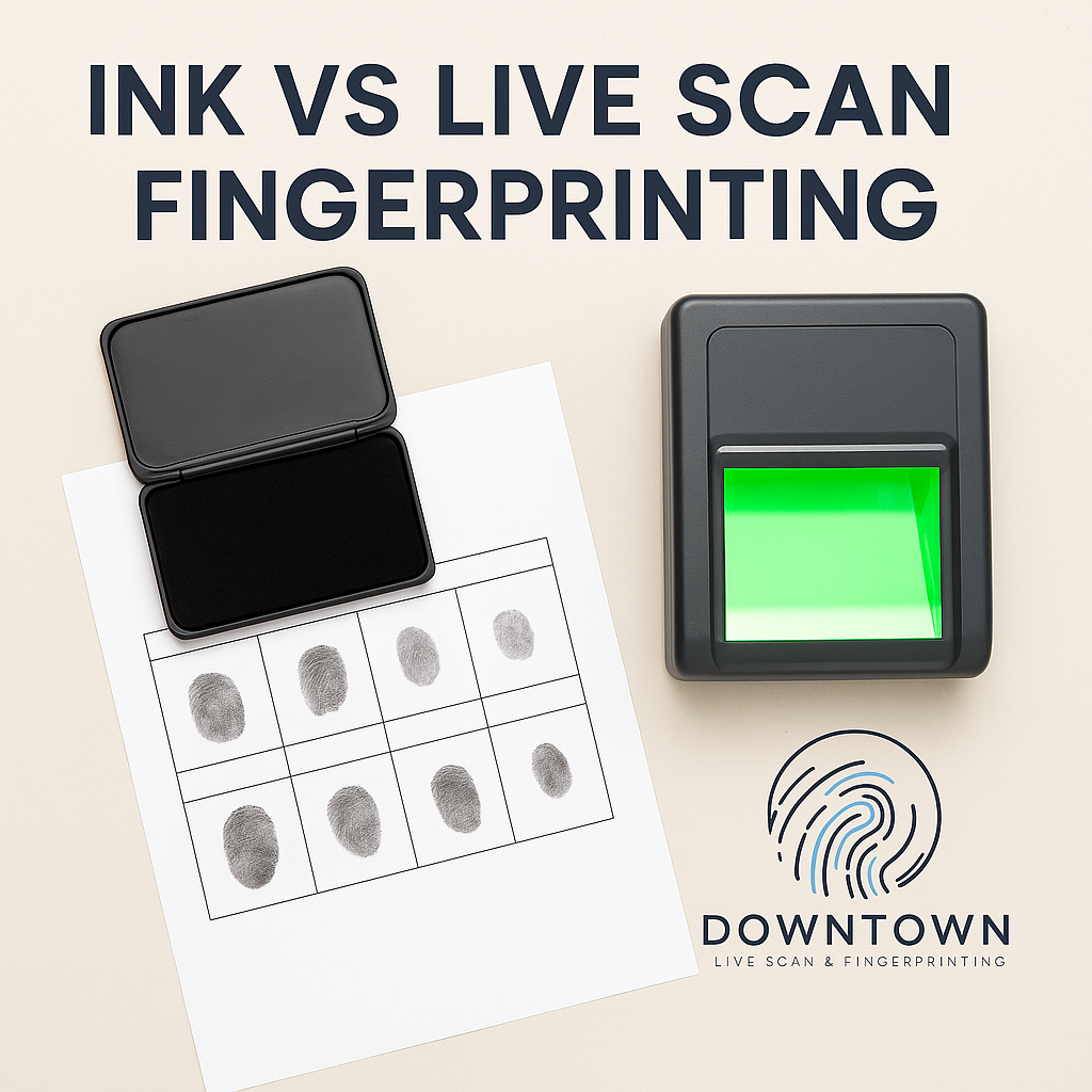 Side-by-side comparison of an ink fingerprint card with ink pad versus a digital Live Scan fingerprint scanner glowing, overlay text “Ink vs Live Scan Fingerprinting in Los Angeles” with Downtown Live Scan logo watermark.