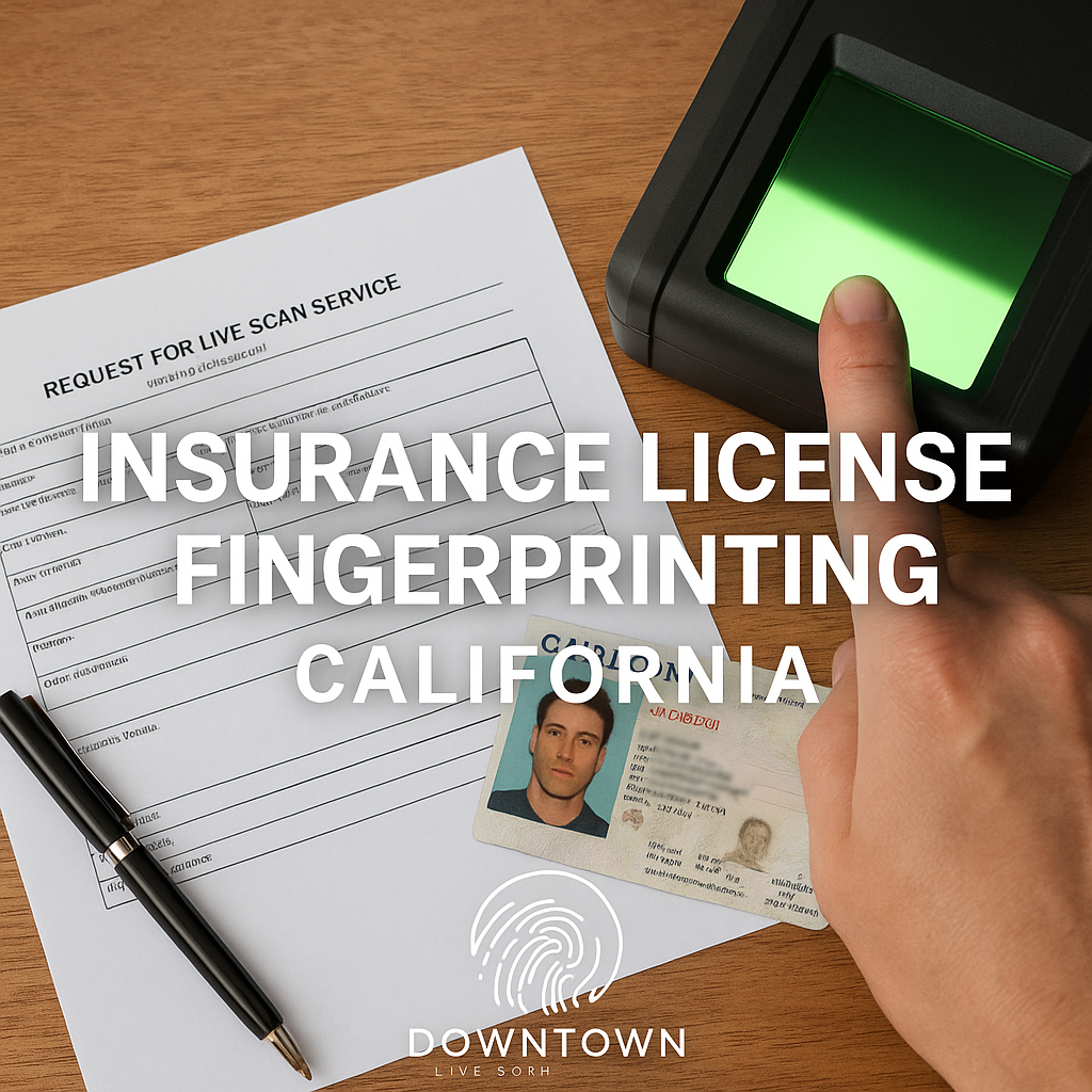 Realistic office desk setup with a fingerprint scanner, clipboard with a fingerprinting form, and photo ID. Overlay text reads “Insurance License Fingerprinting California” with Downtown Live Scan logo watermark.