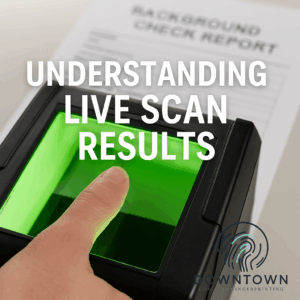 Fingerprint scanner glowing with a fingerprint beside a printed background check report, overlay text “Understanding Live Scan Results” with Downtown Live Scan logo watermark.