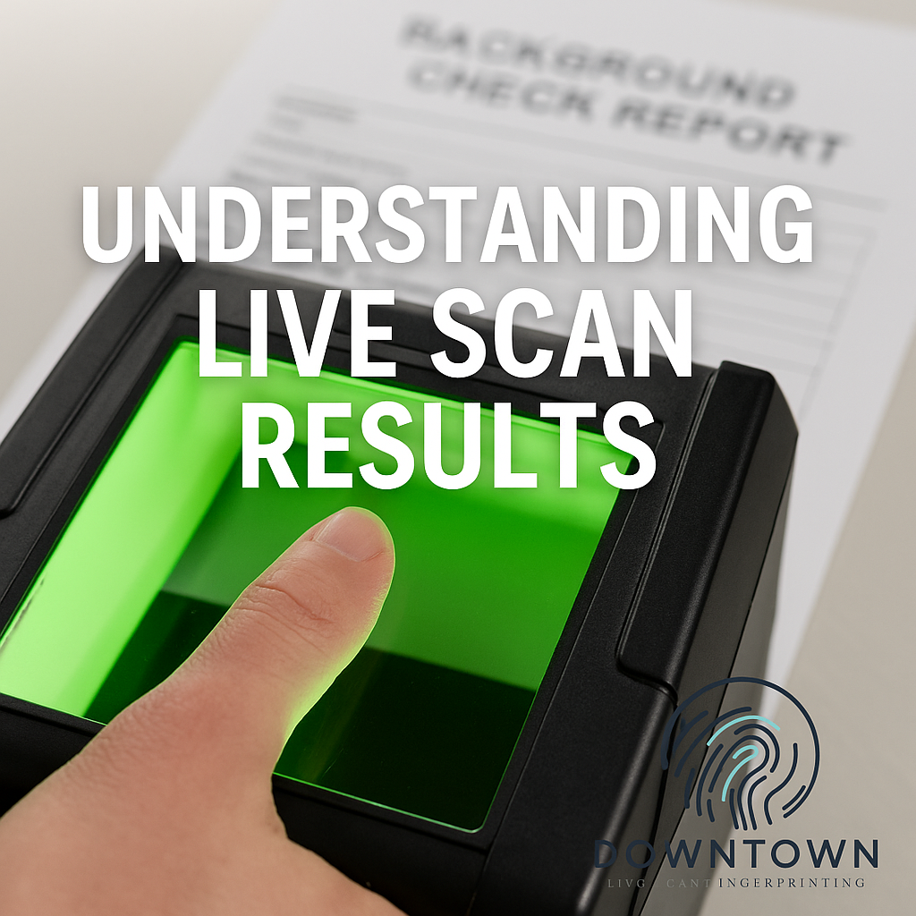 Fingerprint scanner glowing with a fingerprint beside a printed background check report, overlay text “Understanding Live Scan Results” with Downtown Live Scan logo watermark.