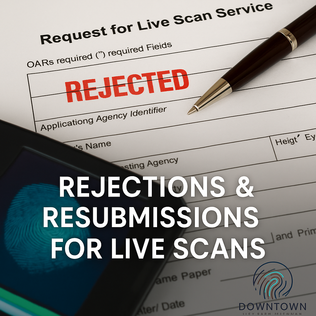 Live Scan request form stamped “Rejected” with a pen and fingerprint scanner on a desk, overlay text “Rejections & Resubmissions for Live Scans” with Downtown Live Scan logo watermark.